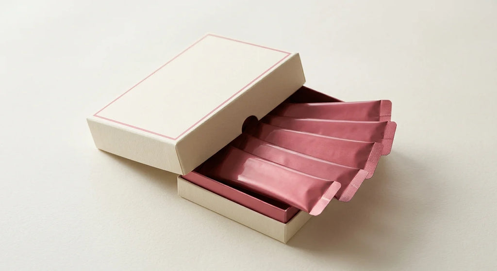 Strawberry Matcha Box - cream box with pink sachets