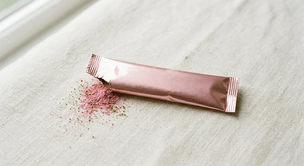 Strawberry Matcha stick pack sachet with pink powder